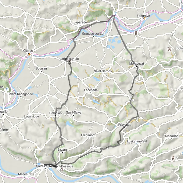 Miniature de la carte de l'inspiration cycliste "Tour du Lot-et-Garonne" dans la Aquitaine, France. Générée par le planificateur d'itinéraire cycliste Tarmacs.app