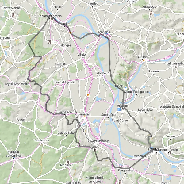 Miniature de la carte de l'inspiration cycliste "Escapade en Pays de la Garonne" dans la Aquitaine, France. Générée par le planificateur d'itinéraire cycliste Tarmacs.app