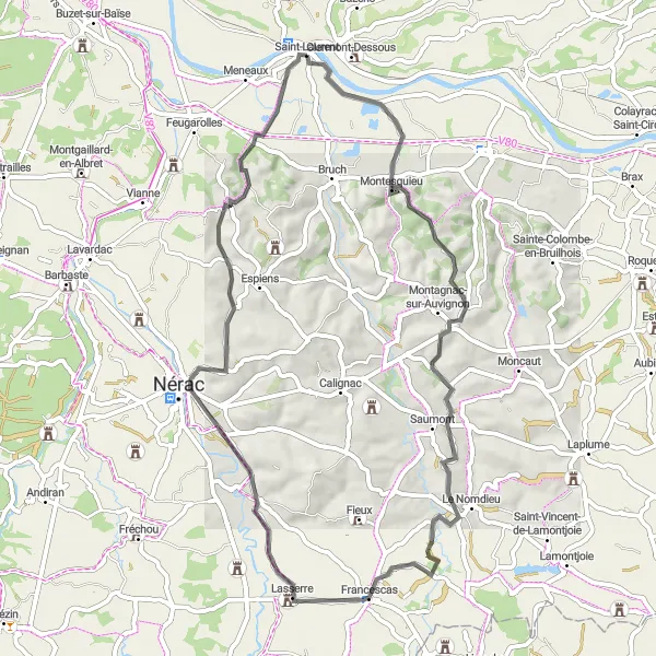 Miniature de la carte de l'inspiration cycliste "Boucle de Franciscas" dans la Aquitaine, France. Générée par le planificateur d'itinéraire cycliste Tarmacs.app