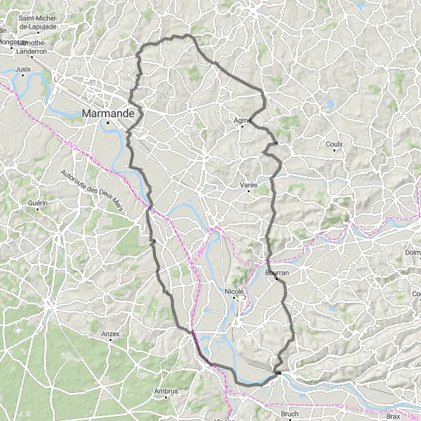 Miniature de la carte de l'inspiration cycliste "Défi cycliste à travers les collines du Lot-et-Garonne" dans la Aquitaine, France. Générée par le planificateur d'itinéraire cycliste Tarmacs.app