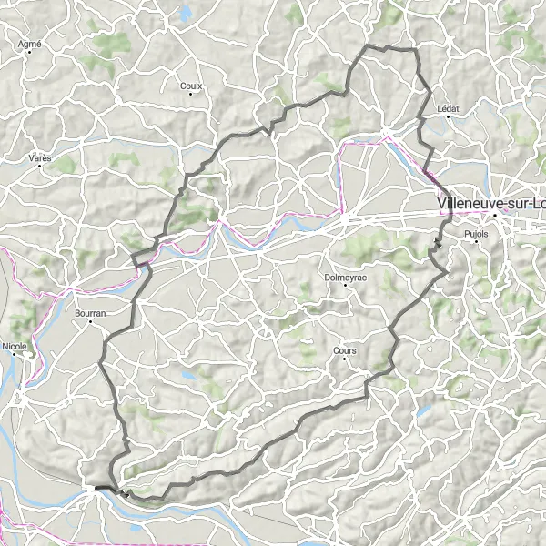 Miniature de la carte de l'inspiration cycliste "Aventure épique à travers les collines et les vallées" dans la Aquitaine, France. Générée par le planificateur d'itinéraire cycliste Tarmacs.app