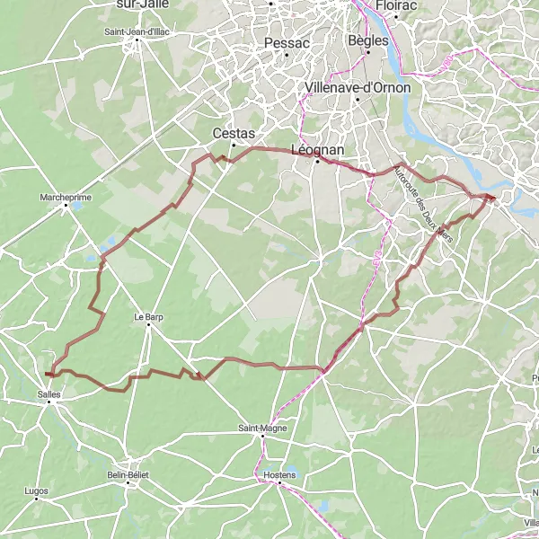 Map miniature of "Gravel Adventure South of Portets" cycling inspiration in Aquitaine, France. Generated by Tarmacs.app cycling route planner