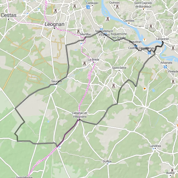 Miniatua del mapa de inspiración ciclista "Ruta escénica de ciclismo de carretera a través de Langoiran y Saucats" en Aquitaine, France. Generado por Tarmacs.app planificador de rutas ciclistas