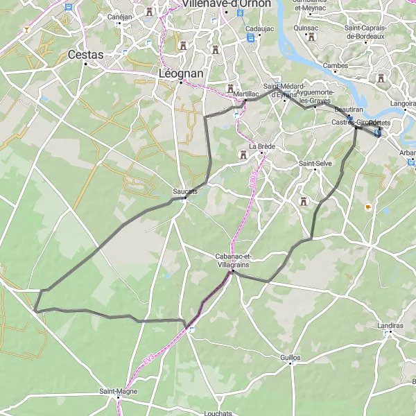 Map miniature of "The Forests and Vineyards Route" cycling inspiration in Aquitaine, France. Generated by Tarmacs.app cycling route planner