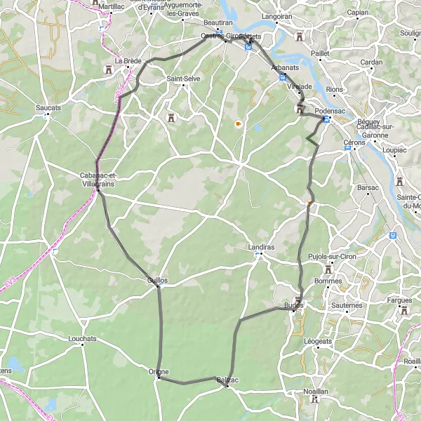 Map miniature of "Portets Exploration" cycling inspiration in Aquitaine, France. Generated by Tarmacs.app cycling route planner