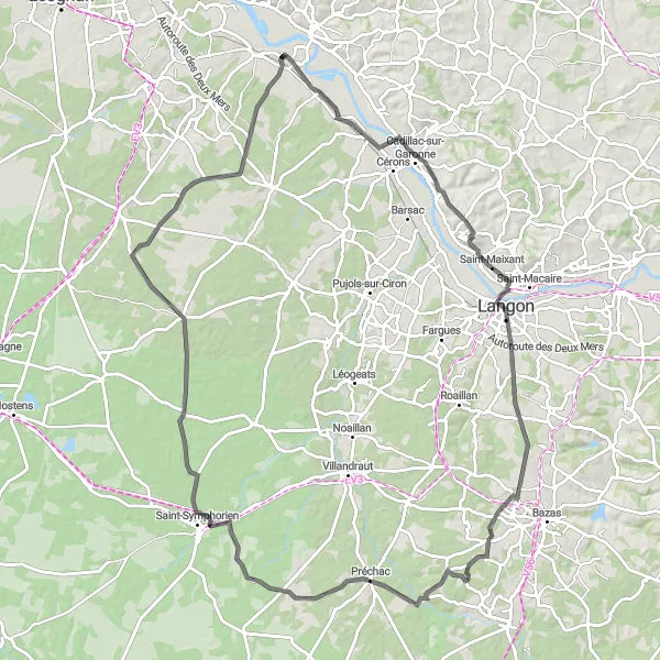 Map miniature of "Podensac Adventure" cycling inspiration in Aquitaine, France. Generated by Tarmacs.app cycling route planner