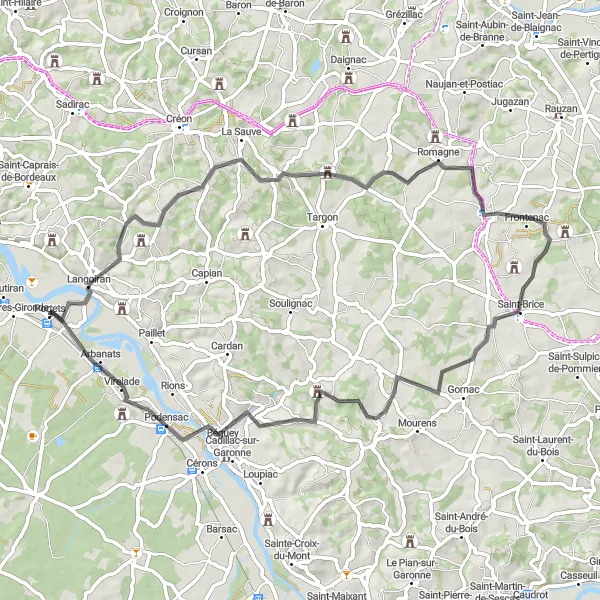 Miniatua del mapa de inspiración ciclista "Recorrido en bicicleta de carretera pasando por Langoiran y Daubèze" en Aquitaine, France. Generado por Tarmacs.app planificador de rutas ciclistas
