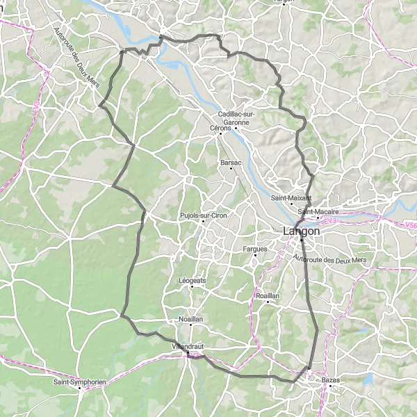 Map miniature of "The Benauge Castles Loop" cycling inspiration in Aquitaine, France. Generated by Tarmacs.app cycling route planner