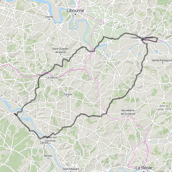 Miniatua del mapa de inspiración ciclista "Desafío ciclista por Tizac-de-Curton y Bossugan" en Aquitaine, France. Generado por Tarmacs.app planificador de rutas ciclistas