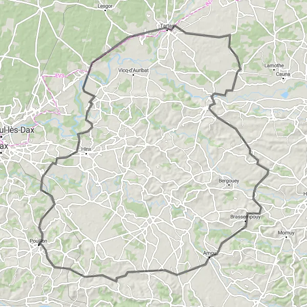Miniature de la carte de l'inspiration cycliste "Circuit des Pyrénées à partir de Pouillon" dans la Aquitaine, France. Générée par le planificateur d'itinéraire cycliste Tarmacs.app