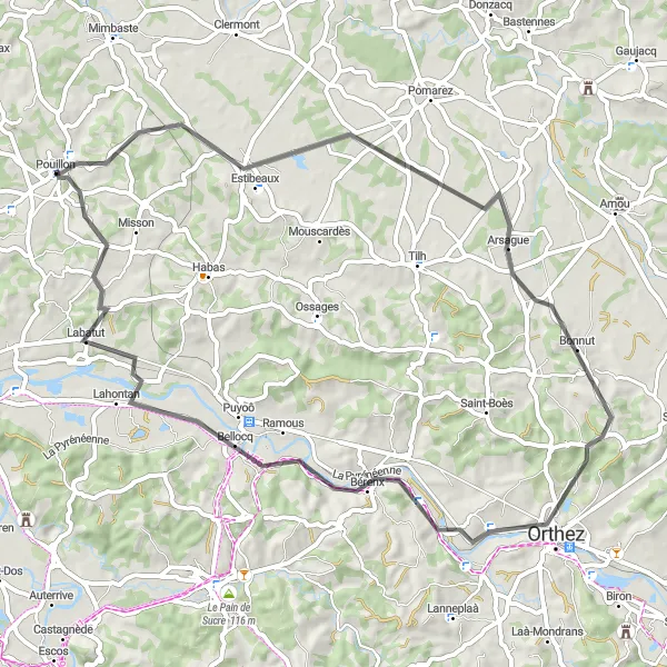 Map miniature of "The Hills of Pouillon" cycling inspiration in Aquitaine, France. Generated by Tarmacs.app cycling route planner