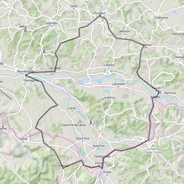 Miniatua del mapa de inspiración ciclista "Ruta Relajante a Oeyregave desde Puyoô" en Aquitaine, France. Generado por Tarmacs.app planificador de rutas ciclistas