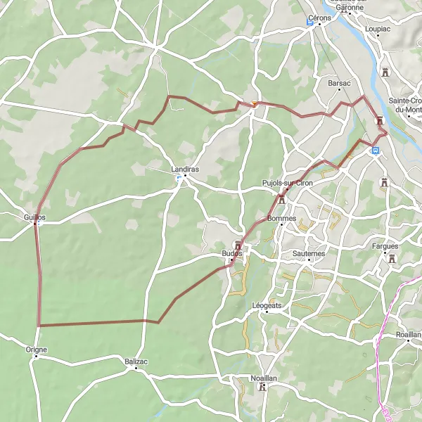 Miniature de la carte de l'inspiration cycliste "Les Collines de l'Illats" dans la Aquitaine, France. Générée par le planificateur d'itinéraire cycliste Tarmacs.app