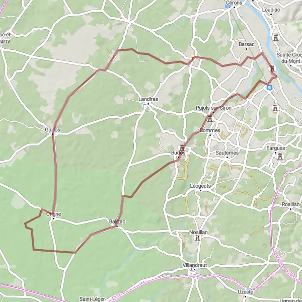 Map miniature of "Off-the-Beaten-Path Gravel Adventure" cycling inspiration in Aquitaine, France. Generated by Tarmacs.app cycling route planner