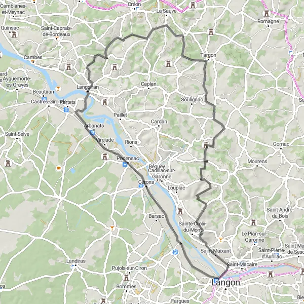 Miniature de la carte de l'inspiration cycliste "Les Vignobles de la Garonne" dans la Aquitaine, France. Générée par le planificateur d'itinéraire cycliste Tarmacs.app