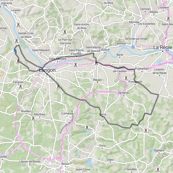 Miniature de la carte de l'inspiration cycliste "Les Châteaux du Bord" dans la Aquitaine, France. Générée par le planificateur d'itinéraire cycliste Tarmacs.app