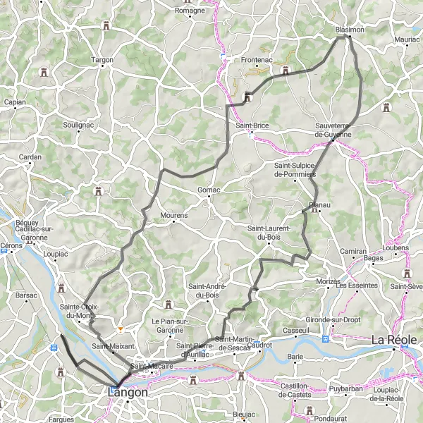 Miniature de la carte de l'inspiration cycliste "Sur les Routes du Vignoble" dans la Aquitaine, France. Générée par le planificateur d'itinéraire cycliste Tarmacs.app