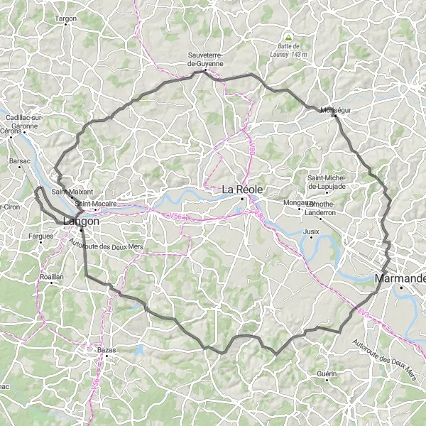Miniature de la carte de l'inspiration cycliste "Les Châteaux et Vignobles de l'Entre-Deux-Mers" dans la Aquitaine, France. Générée par le planificateur d'itinéraire cycliste Tarmacs.app