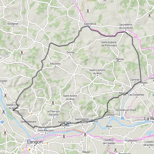Miniature de la carte de l'inspiration cycliste "Les Coteaux de la Gironde" dans la Aquitaine, France. Générée par le planificateur d'itinéraire cycliste Tarmacs.app