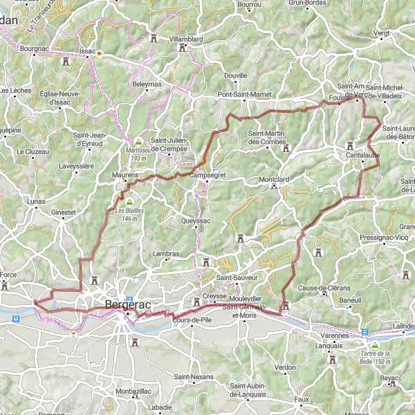 Miniatua del mapa de inspiración ciclista "Ruta de ciclismo de grava con 690m de ascenso en 79km" en Aquitaine, France. Generado por Tarmacs.app planificador de rutas ciclistas