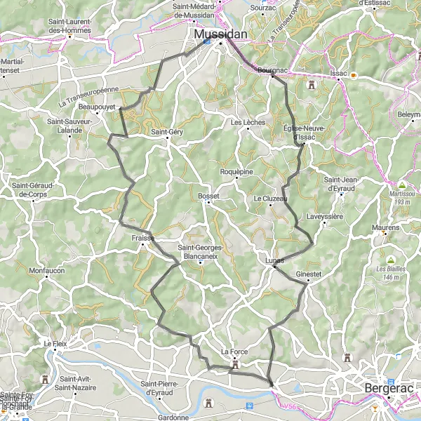 Map miniature of "Prigonrieux to Mussidan" cycling inspiration in Aquitaine, France. Generated by Tarmacs.app cycling route planner