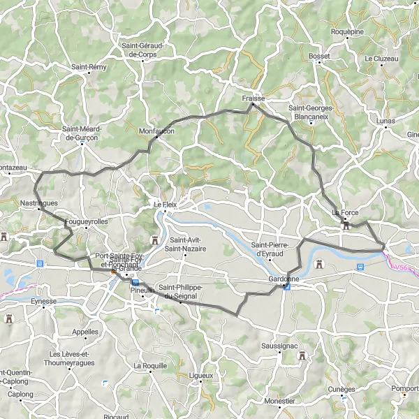 Map miniature of "Exploring the Dordogne Valley" cycling inspiration in Aquitaine, France. Generated by Tarmacs.app cycling route planner