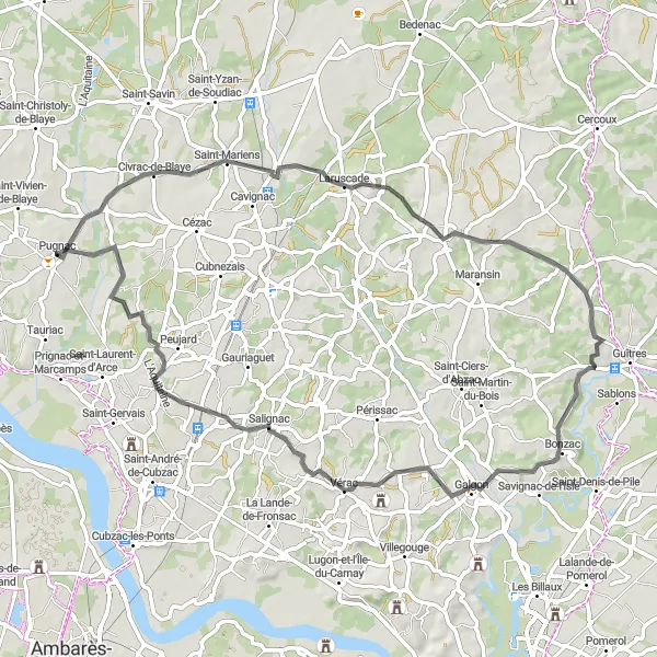 Map miniature of "Lapouyade Discovery" cycling inspiration in Aquitaine, France. Generated by Tarmacs.app cycling route planner