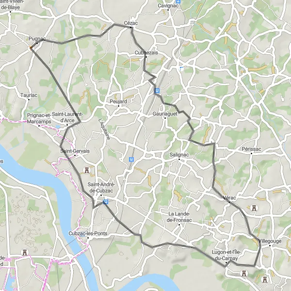 Map miniature of "Road Cycling Route to Cadillac-en-Fronsadais" cycling inspiration in Aquitaine, France. Generated by Tarmacs.app cycling route planner