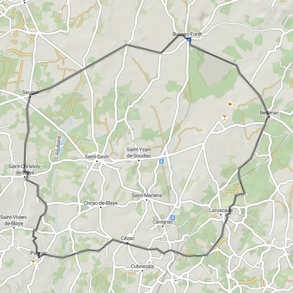 Map miniature of "Saugon Loop" cycling inspiration in Aquitaine, France. Generated by Tarmacs.app cycling route planner