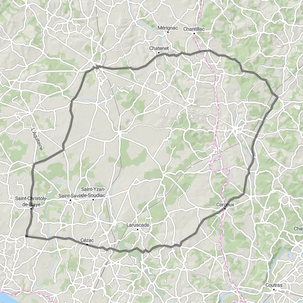 Map miniature of "Road Cycling Route to Donnezac" cycling inspiration in Aquitaine, France. Generated by Tarmacs.app cycling route planner