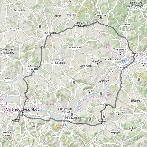 Miniatua del mapa de inspiración ciclista "Ruta de ciclismo de carretera con 765m de ascenso en 80km" en Aquitaine, France. Generado por Tarmacs.app planificador de rutas ciclistas