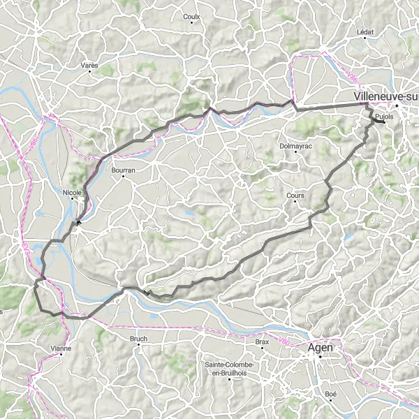 Miniatua del mapa de inspiración ciclista "Ruta de ciclismo de carretera con 818m de ascenso en 93km" en Aquitaine, France. Generado por Tarmacs.app planificador de rutas ciclistas