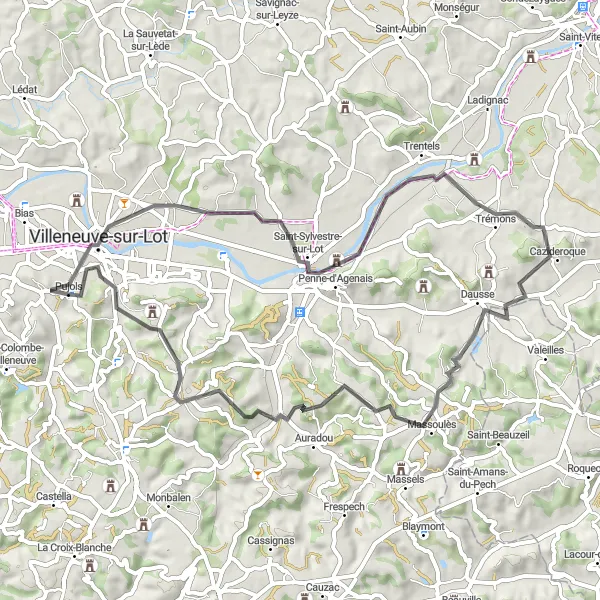 Map miniature of "Castle Route" cycling inspiration in Aquitaine, France. Generated by Tarmacs.app cycling route planner