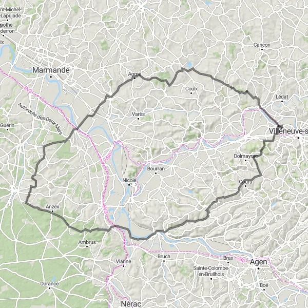 Miniatua del mapa de inspiración ciclista "Ruta de ciclismo de carretera con 1279m de ascenso en 136km" en Aquitaine, France. Generado por Tarmacs.app planificador de rutas ciclistas