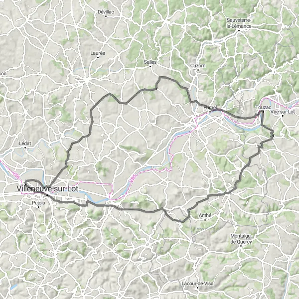 Miniatua del mapa de inspiración ciclista "Ruta de ciclismo de carretera con 841m de ascenso en 94km" en Aquitaine, France. Generado por Tarmacs.app planificador de rutas ciclistas
