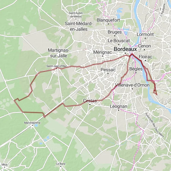 Map miniature of "Gravel Adventure in Bordeaux" cycling inspiration in Aquitaine, France. Generated by Tarmacs.app cycling route planner