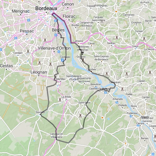 Map miniature of "Vineyards and Castles" cycling inspiration in Aquitaine, France. Generated by Tarmacs.app cycling route planner