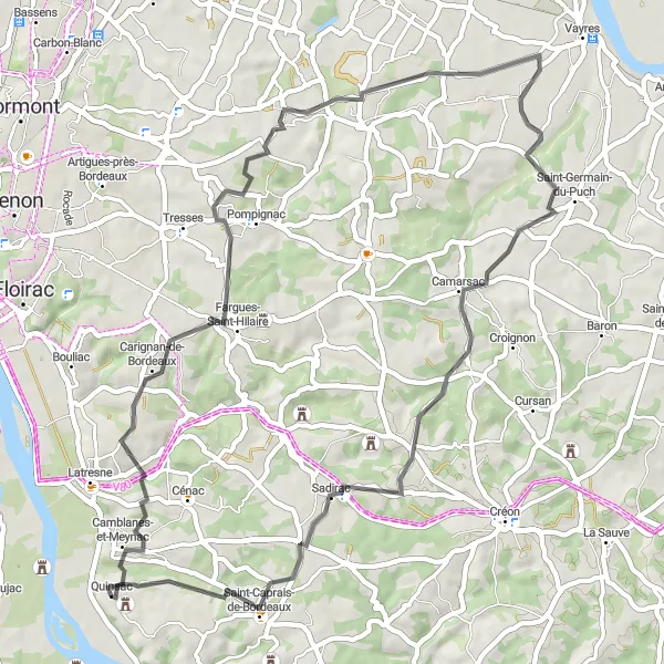 Map miniature of "Hills of Montussan" cycling inspiration in Aquitaine, France. Generated by Tarmacs.app cycling route planner