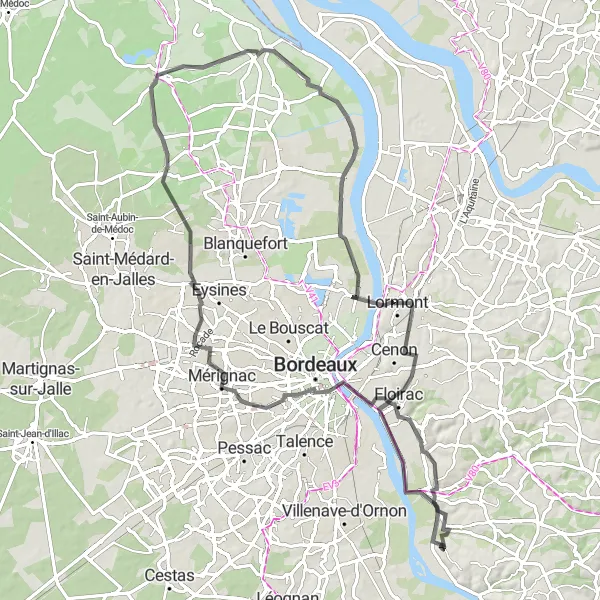 Map miniature of "Bordeaux and Beyond" cycling inspiration in Aquitaine, France. Generated by Tarmacs.app cycling route planner