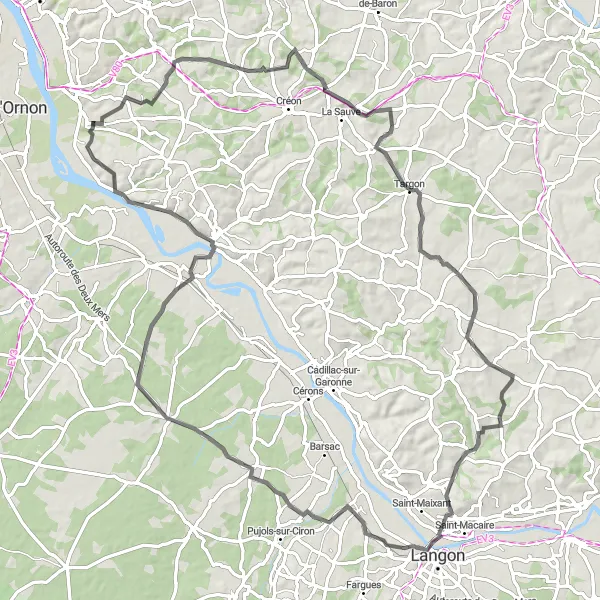 Miniatua del mapa de inspiración ciclista "Ruta de ciclismo desde Quinsac a través de Cénac y Langoiran" en Aquitaine, France. Generado por Tarmacs.app planificador de rutas ciclistas
