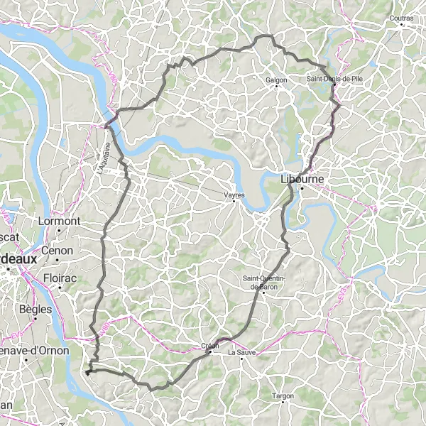 Map miniature of "The Path of Bordeaux Grands Crus" cycling inspiration in Aquitaine, France. Generated by Tarmacs.app cycling route planner