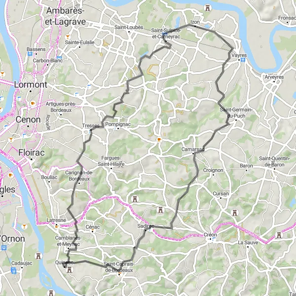 Miniatua del mapa de inspiración ciclista "Ruta de los Viñedos y Castillos" en Aquitaine, France. Generado por Tarmacs.app planificador de rutas ciclistas
