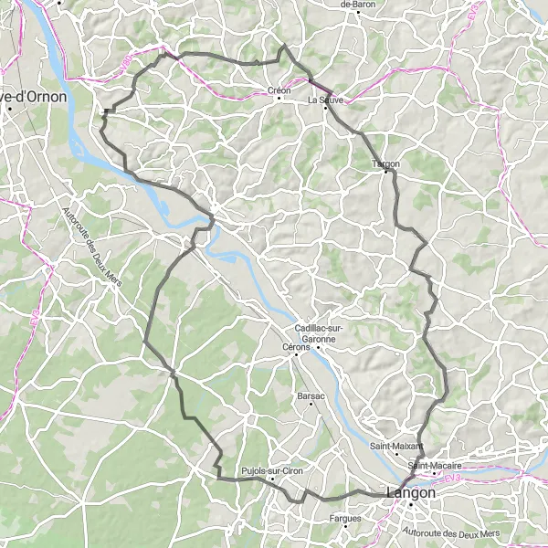 Map miniature of "Riverside Tour" cycling inspiration in Aquitaine, France. Generated by Tarmacs.app cycling route planner