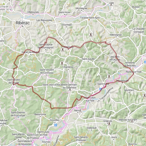 Miniatua del mapa de inspiración ciclista "Recorrido en Grava por Saint-Léon-sur-l'Isle y Saint-Pardoux-de-Drône" en Aquitaine, France. Generado por Tarmacs.app planificador de rutas ciclistas