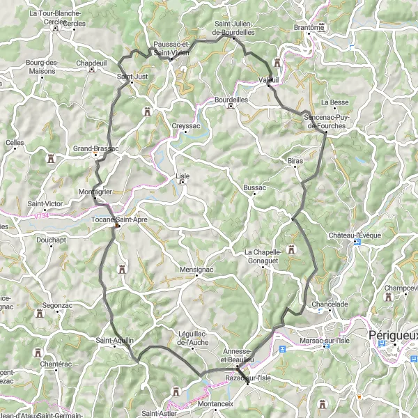Miniature de la carte de l'inspiration cycliste "Boucle Routière à Montagrier" dans la Aquitaine, France. Générée par le planificateur d'itinéraire cycliste Tarmacs.app