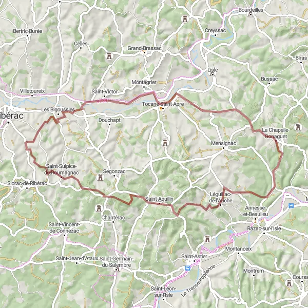 Miniatua del mapa de inspiración ciclista "Ruta de Saint-Martin-de-Ribérac a Saint-Sulpice-de-Roumagnac" en Aquitaine, France. Generado por Tarmacs.app planificador de rutas ciclistas