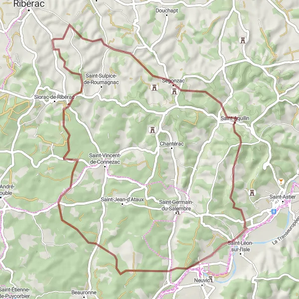 Miniatua del mapa de inspiración ciclista "Ruta de grava a través de la Vallée du Salembre y Saint-Aquilin" en Aquitaine, France. Generado por Tarmacs.app planificador de rutas ciclistas