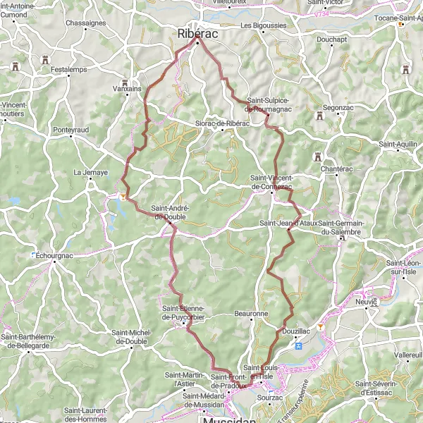 Miniatua del mapa de inspiración ciclista "Ruta de grava a través de Saint-Sulpice-de-Roumagnac y Château Trompette" en Aquitaine, France. Generado por Tarmacs.app planificador de rutas ciclistas
