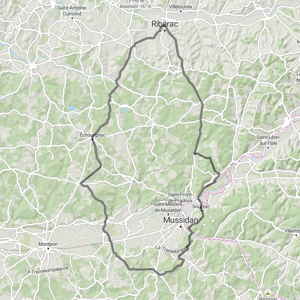 Miniatua del mapa de inspiración ciclista "Ruta de Saint-Vincent-de-Connezac a Vanxains" en Aquitaine, France. Generado por Tarmacs.app planificador de rutas ciclistas