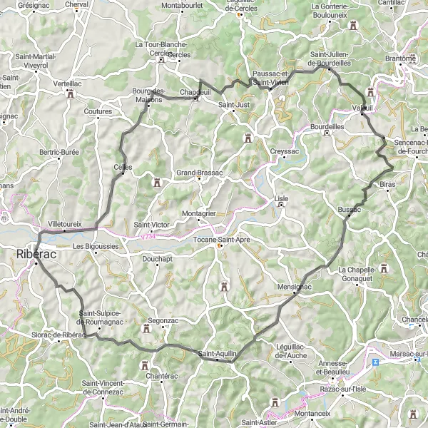 Map miniature of "Challenging Road Cycling Route to Bussac and Saint-Julien-de-Bourdeilles" cycling inspiration in Aquitaine, France. Generated by Tarmacs.app cycling route planner
